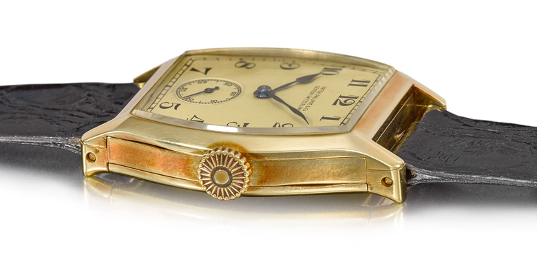 Patek Philippe, a unique yellow gold tonneau minute repeating wristwatch made for Henry Graves Jr., 1927. Sold for CHF 4,575,000 on 11 November at Christie’s in Geneva