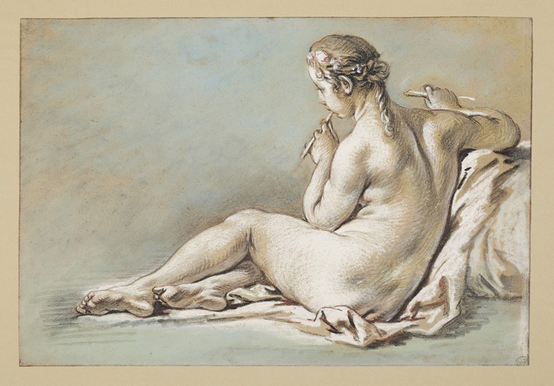 François Boucher (Paris 1703-1770), A nude woman playing a flute, seen from behind. Black, red and white chalk with pastel on blue paper. Size 9½ x 14 in (24 x 36 cm). Sold for $37,500 in Old Master and British Drawings on 28 January at Christie’s in New York