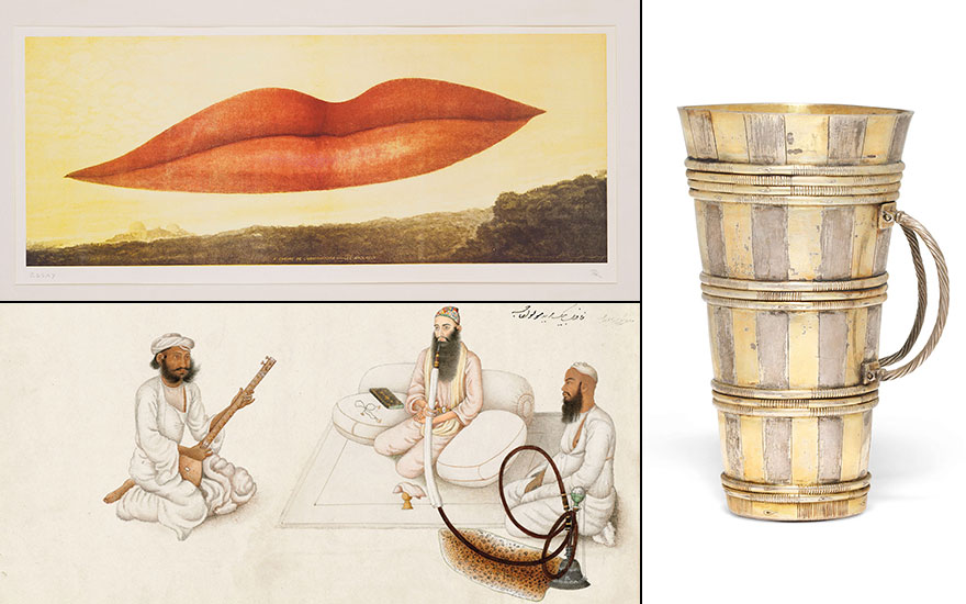 Clockwise from top left Man Ray (1890-1976), A l’heure de l’observatoire — Les amoureux, 1970; A Louis XIII parcel-gilt silver cup from a Büttenmann figure. Mark of