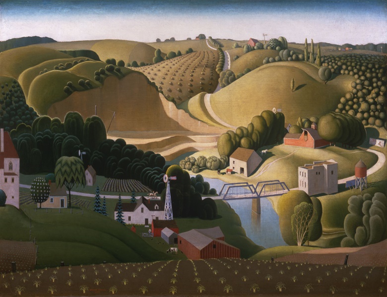 Grant Wood (1891-1942), Stone City, Iowa, 1930. Oil on wood panel. Joslyn Art Museum, Omaha, Nebraska, Gift of the Art Institute of Omaha, 1930
