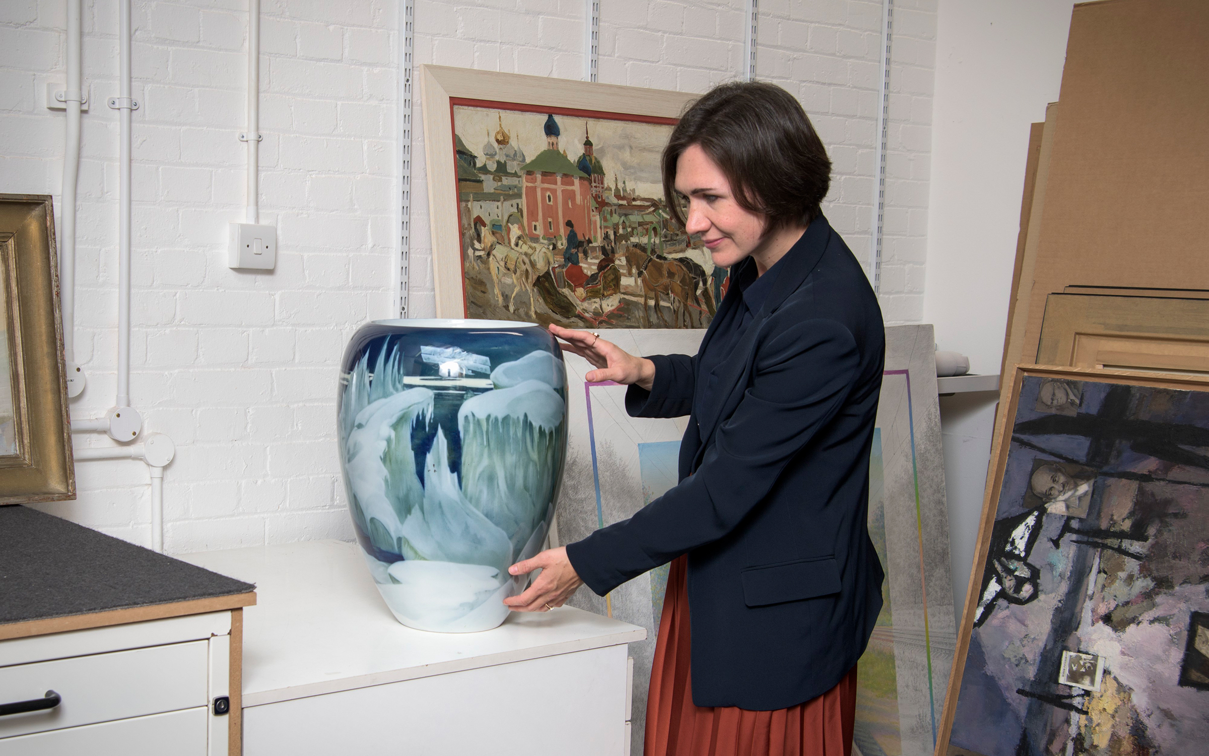 A unique and important large Soviet porcelain vase, by the State Porcelain Factory, 1928. Estimate £60,000-100,000; Oscar Rabine (1928-2018), Family portrait no. 2, 1999. Estimate