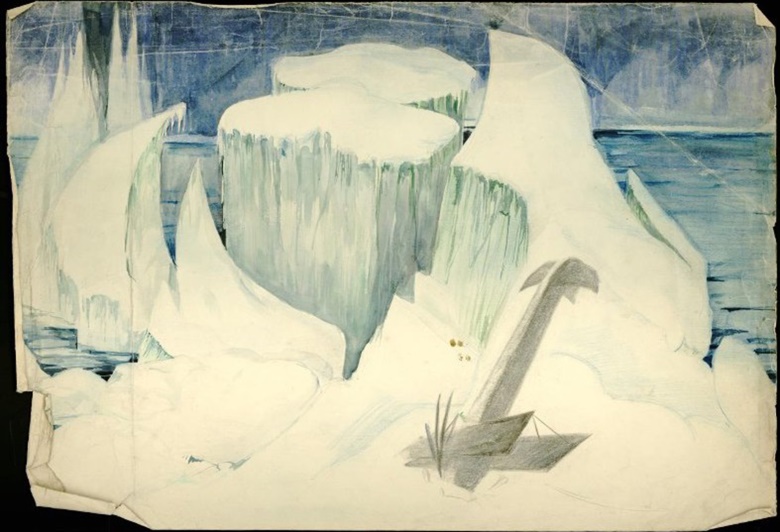 This design by Rudolf Vilde depicts a similar landscape but a different aeroplane — Einar Lundborg’s Fokker ski-plane, which crashed