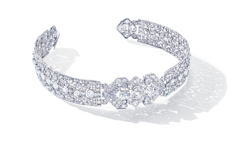 A superb Art Deco diamond bandeau, Cartier, cushion, old and baguette-cut diamonds, platinum (French marks), detachable for wear as a choker, as two bracelets or as a brooch, circa 1920. Bandeau 40.5 cm, choker 34.0 cm, bracelets 17.8 cm, brooch 6.0 c. Sold for CHF 1,065,000 on 12 November 2019 at Christie’s in Geneva