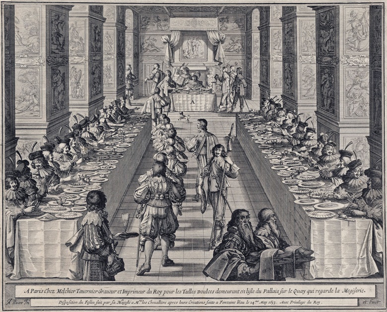 The Armada Service would have been used for large banquets, like the one illustrated in this 15h-century engraving by Abraham Bosse, Banquet of the Knights of the Order of Saint-Esprit (Disposition du Festin, from L’ordre du Saint-Esprit), pub. 1634. Engraving. Photo The Stapleton CollectionBridgeman Images