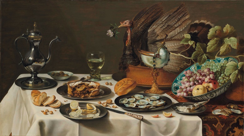 Pieter Claesz, Still Life with a Turkey Pie (detail), 1627. Oil on panel. 29½ x 56 in (75 x 132 cm). Purchased with the support of the Vereniging Rembrandt and the Stichting tot Bevordering van de Belangen van het Rijksmuseum. Photo © Rijksmuseum