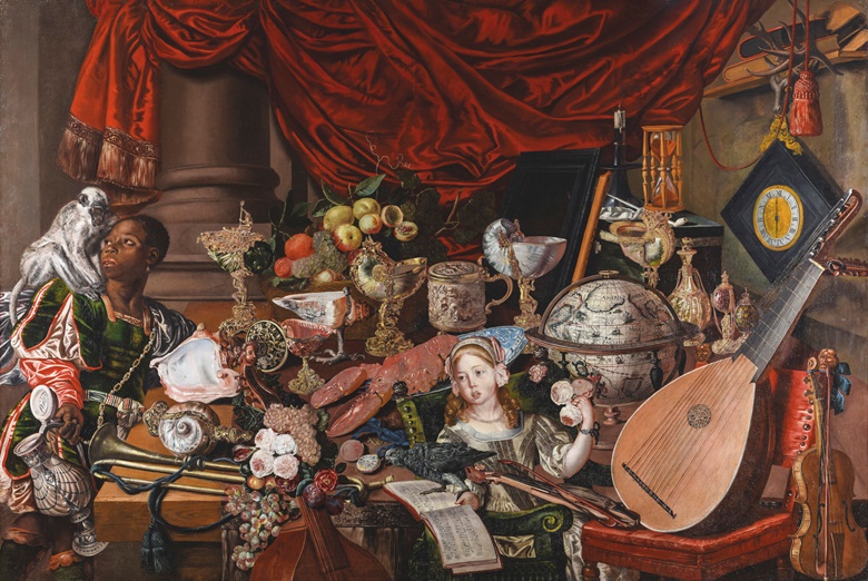 A silver-mounted shell casting bottle can be seen on the far right of this painting commissioned by the wealthy Paston family. Dutch School, The Paston Treasure, circa 1663. Oil on canvas. 65 x  97¼ in (165 x 247 cm). Norwich Castle Museum and Art Gallery. Photo Bridgeman Images