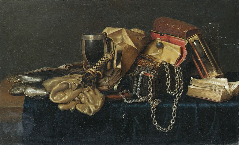 Willem Claesz. Heda, Oysters, books, money pouches, a knife hilt, a pewter mounted cup, a casket with symbols of earthly wealth and an hourglass, on a partly draped shelf, 1652. Oil on panel. 16¾ x 27⅜ in (42.5 x 69.5 cm)