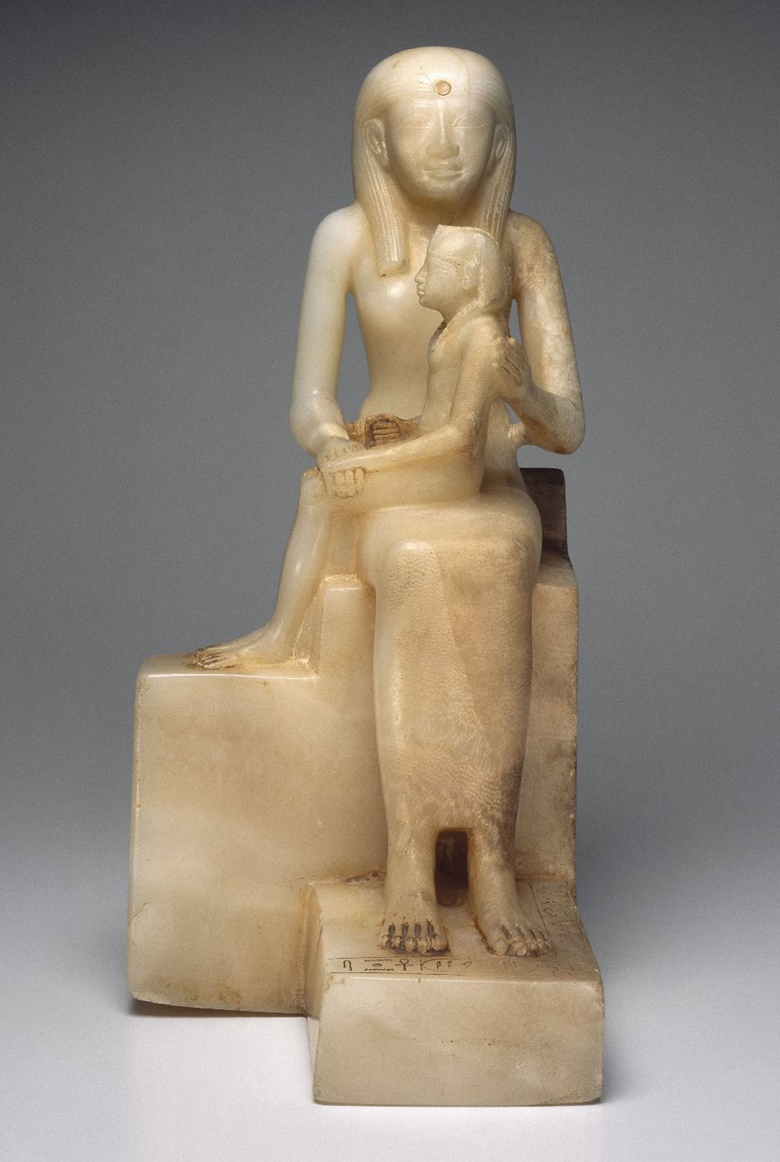 Statue of Queen Ankhnes-meryre II and her son, Pepy II, c. 2288-2224 or 2194 B.C.E. Egyptian alabaster. 39.2 x 24.9 cm. Brooklyn Museum, Charles Edwin Wilbour Fund, 39.119. Photo Brooklyn Museum