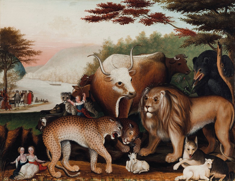 Edward Hicks (1780-1849), Peaceable Kingdom, painted 1844-1846. Oil on canvas. 24 x 31¼ in. Offered in Important American Furniture, Folk Art and Silver on 24 January 2020 at Christie’s in New York