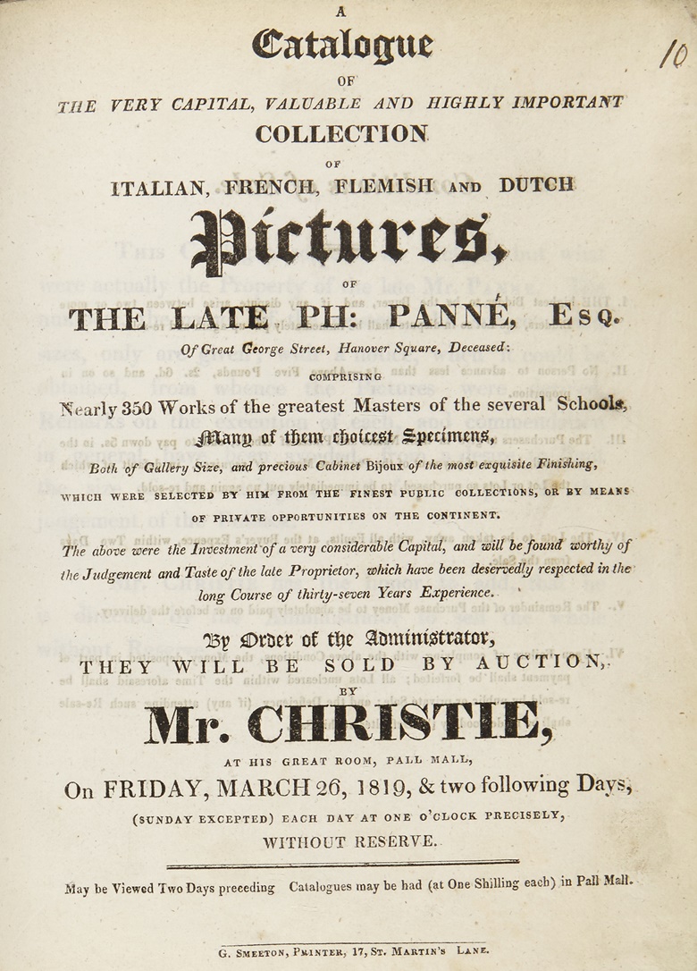 Catalogue cover from the 1819 sale of The Collection of the late Philippe Panné