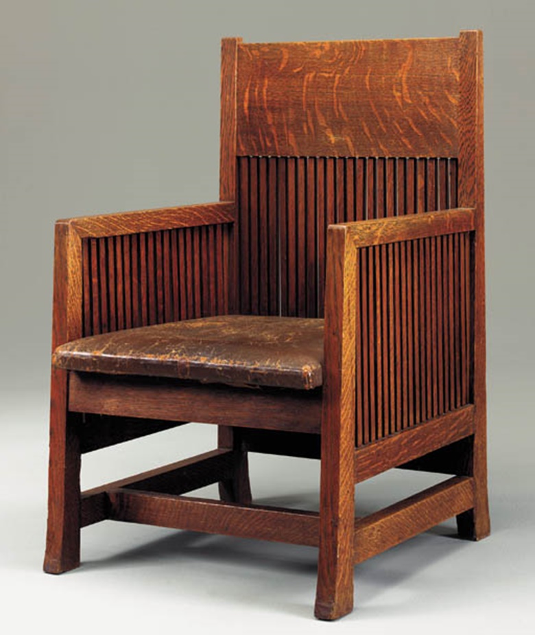 An important oak spindled armchair, Frank Lloyd Wright, executed by John W. Ayers. Co. for the Ward W. Willits House, Highland Park, Illinois, circa 1901. 35¾ in (90.8 cm) high, 24 in (61 cm) wide, 21¾ in (55.3 cm) deep. Sold for $127,000 on 7 December 2001 at Christie’s in New York