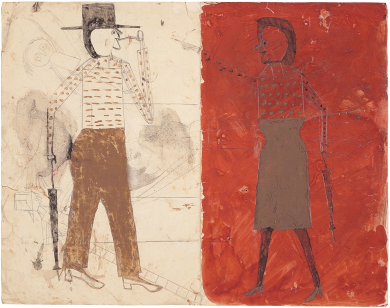 Bill Traylor (Circa 1853-1949), Man on White, Woman on Red  Man with Black Dog (double-sided), 1939-1942, tempera and graphite on repurposed paper, 18⅞ x 24 in (48 x 61 cm). Estimate $200,000-400,000. Property from the Collection of Alice Walker, offered in the Outsider Art sale at Christie’s New York on 17 January 2020