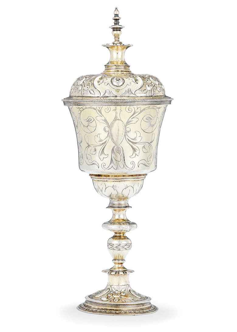 An Elizabeth I silver-gilt cup and cover, London, 1589, makers mark possibly two catkins. 11⅝ in (29.5 cm) high. Sold for £225,000 on 3 December 2019 at Christie’s in London