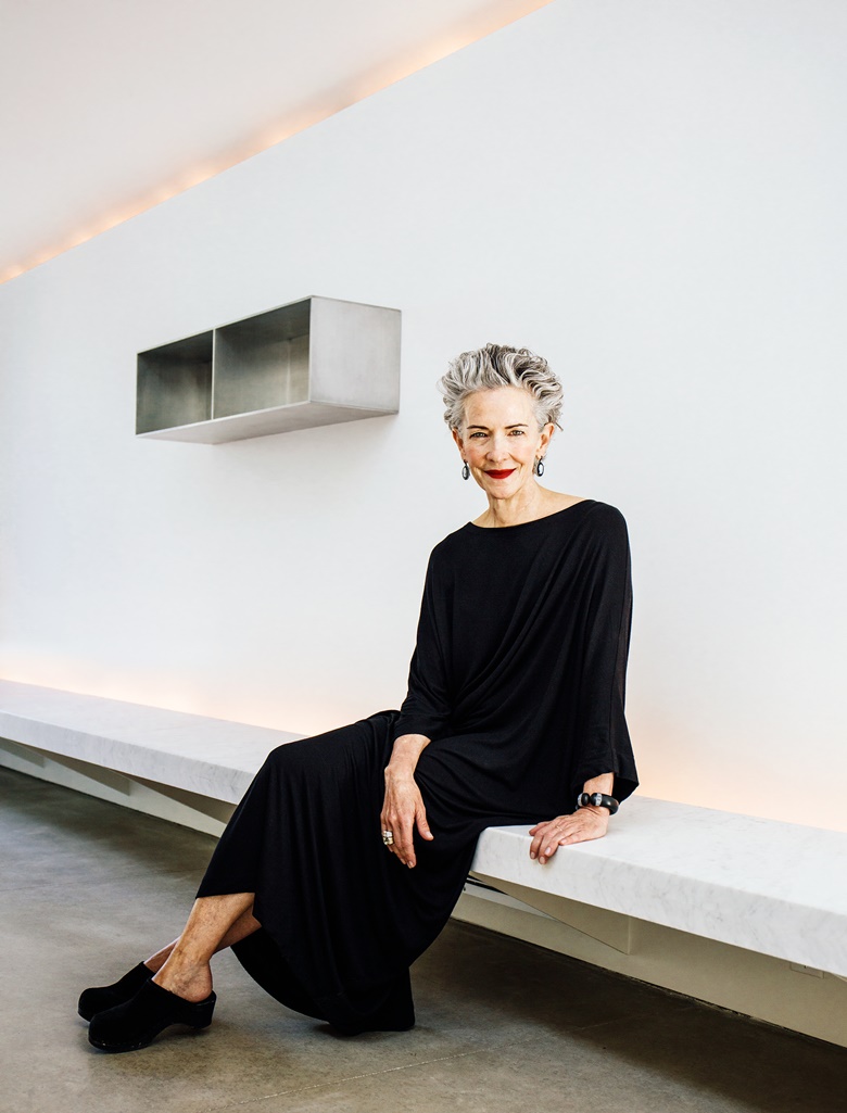 Catherine Walsh with Donald Judd’s Untitled, 1986. Artwork © Judd FoundationARS, NY and DACS, London 2020