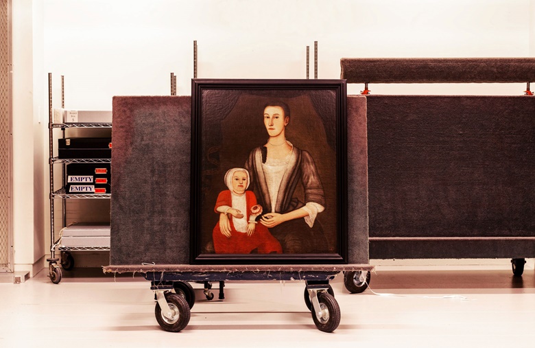 In the Terra Foundation’s vault in Chicago, Pieter Vanderlyn, Portrait of Mrs Myndert Myndertse (Jannetje-Persen) and Her Daughter, Sara, circa 1741. Photograph David Kasnic