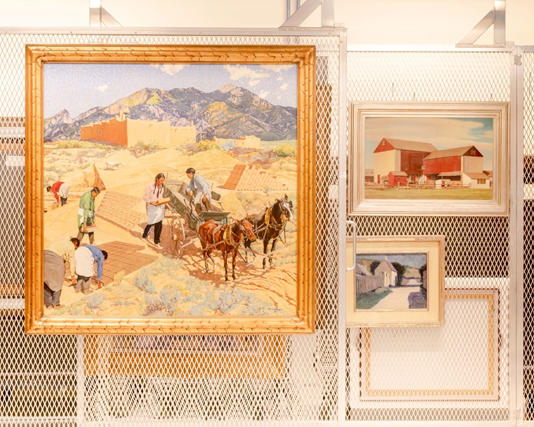 Clockwise from left Walter Ufer, Builders of the Desert, 1923; Charles Sheeler, Bucks County Barn, 1940; Thomas Buford Meteyard, Giverny, Moonlight, circa 1890-93; all in the foundation’s vault.  Photograph David Kasnic