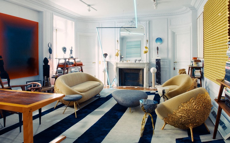 John Dodelande’s sitting room includes works by Wang Guangle, Alexandre Kolinka, Lin Tianmiao, Li Shurui and He Xiangyu, as well as furniture by Campana Brothers. Artworks Wang Guangle, 121030, 2012 © Wang Guangle, courtesy Pace Gallery. Courtesy of Alexandre Kolinkawww.lightsonic.world. © Lin Tianmiao; © Li Shurui, courtesy the artist; New Galerie, Paris; White