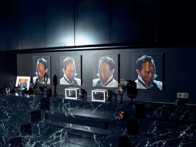 Artworks including Wang Jianwei, Surface XI, 2014, above He Xiangyu, Cola Project – Extraction, 2009-10. Artworks © He Xiangyu. © Bertrand Lavier, DACS 2020