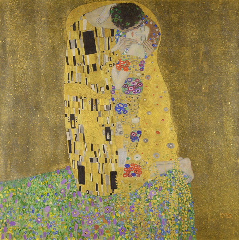 Gustav Klimt (1862-1918), The Kiss, 1907-08. Oil on canvas, 180 x 180 cm. Osterreichische Galerie Belvedere, Vienna, Austria. Photo Bridgeman Images