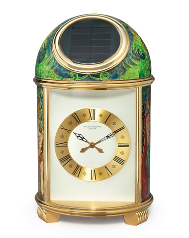 Patek Philippe. A fine and unique gilt brass and cloisonné enamel solar-powered desk clock, signed by Marie-Françoise Martin. Sold for $106,000 on 13 June 2018 at Christie’s in New York