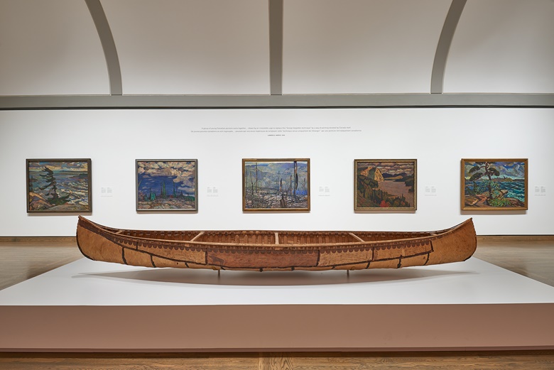 Installation view of the Canadian and Indigenous Galleries, National Gallery of Canada, Ottawa. From left F.H. Varley, Stormy Weather, Georgian Bay, 1921; A.Y. Jackson, Terre Sauvage, 1913, © A Y Jackson, DACS 2020; Franz Johnston, Fire-swept, Algoma, 1920; J.E.H. MacDonald, The Solemn Land, 1921; Arthur Lismer, A September Gale, Georgian Bay, 1921 © Estate of Arthur Lismer;