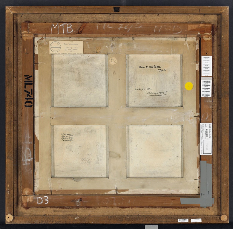 The reverse of 1945 (still life), by Ben Nicholson, O.M. (1894-1982). Nicholson’s address in Cornwall has been added to the back of the picture, bottom left