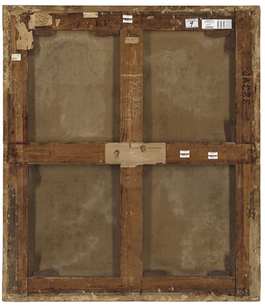 The reverse of the work shows its auction stencils, and in the centre, an 1898 Amsterdam exhibition label 
