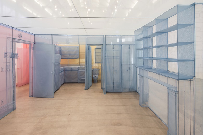 Do Ho Suh, Apartment A, Unit 2, Corridor and Staircase, 348 West 22nd Street, New York, NY 10011, USA (detail), 2011-2014. Polyester fabric and stainless-steel tubes. Installation view, Museum of Contemporary Art San Diego, 2016. © Do Ho Suh. Photo courtesy the artist and Lehmann Maupin, New York and Hong Kong, by Pablo Mason