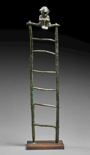 Acrobat sitting on a ladder. Bronze. Height 9.2 in (23.5 cm). Iran, probably Luristan — 2nd millennium BC. Photo Galerie Kevorkian