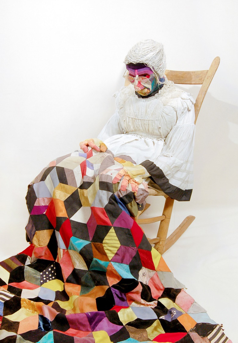 Jan Haworth (b. 1942), Old Lady II, 1967. Fabric, thread, wood, stuffing, leather and rocking chair. 40 x 20 in (101.6 x 50.8 cm). Courtesy The Mayor Gallery, London