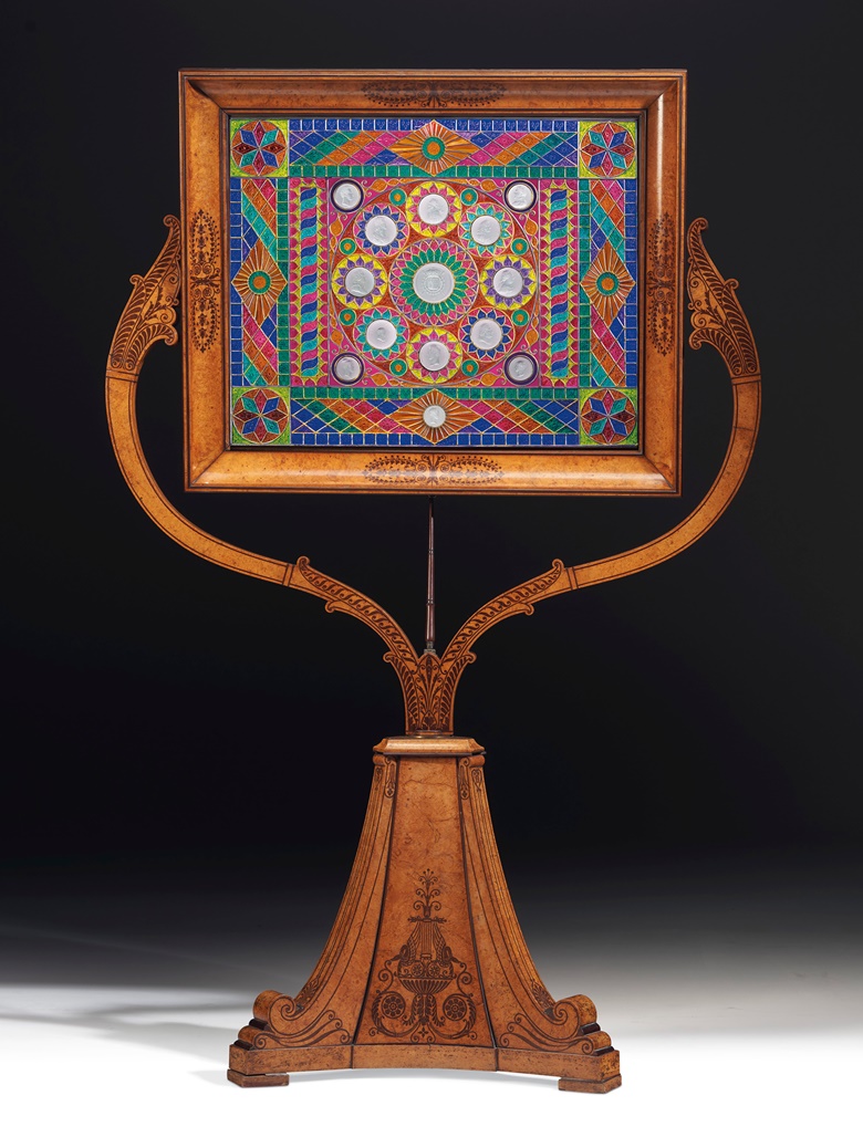 A Charles X birds eye maple, amaranth, coloured strass and silver exhibition panel, the panel by Jean-Baptiste-Pierre-Laurent Douault-Wieland, made for the Exposition des produits de l’industrie of 1827. Estimate $150,000-300,000. Offered in Dalva Brothers Parisian Taste in New York on 2 April at Christie’s in New York