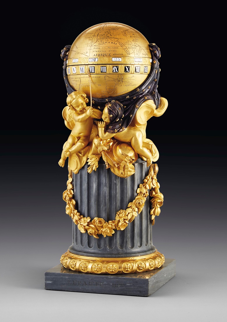 A Louis XVI ormolu, blued and silvered metal and bleu turquin marble pendule à cercles tournants, by Lepaute, Paris, dated 1780. With guilloche border inscribed LEPAUTE, the marble signed LEPAUTE HGR, the movement signed LEPAUTE HGR DU ROI 1780. 14¼ in (36.5 cm) high, 5¾ in (14.5 cm) diameter. Estimate $70,000-100,000. Offered in Dalva Brothers Parisian Taste In New York on 2