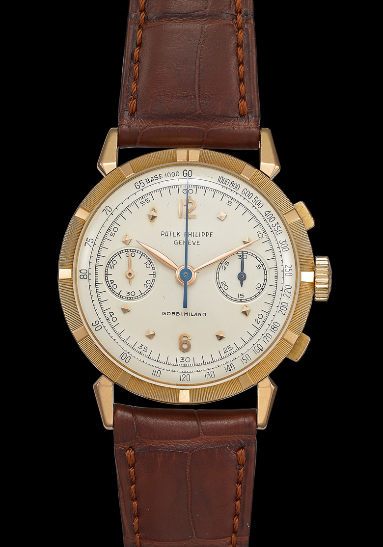 Patek Philippe. A unique and highly important 18k pink gold ‘spider lugs’ chronograph wristwatch with tachymeter and engraved bezel, confirmed as the only example ever made
signed Patek Philippe, Geneve, retailed by Gobbi Milano, ref. 1579R, movement no. 868’845, case no. 693’233. Manufactured in 1955. Estimate $400,000-700,000. Offered in Important Watches on 11 April 2020