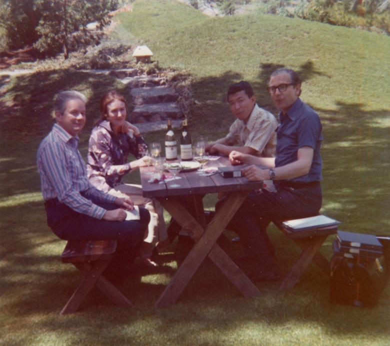 Ben Ichinose with Michael Broadbent and his wife Daphne and wine connoisseur Barney Rhodes at the collectors home in Hillsborough, California, in 1972