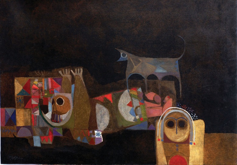 Dia Al-Azzawi (b. 1939), A Wolf Howls Memories of a Poet, 1968. Oil on canvas. 84 x 104 cm. Courtesy of Barjeel Art Foundation, photographed by Capital D