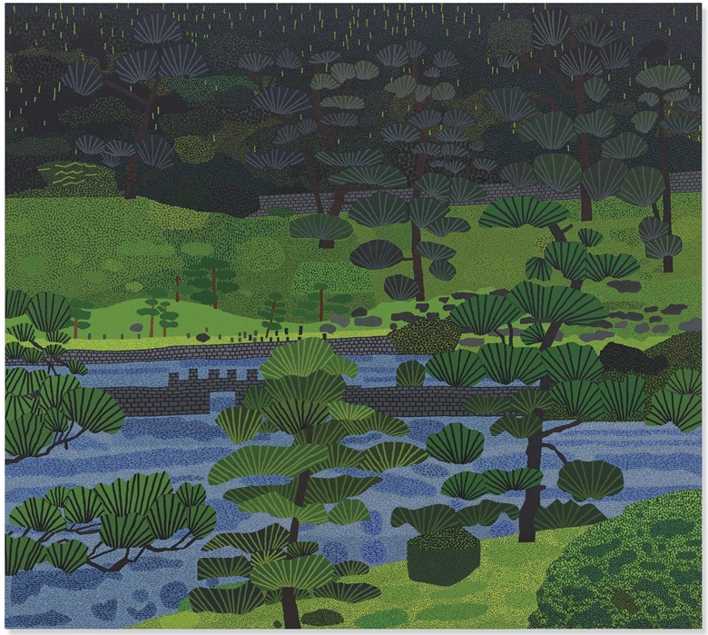 乔纳斯·伍德（1977年生），《日式花园3》，2019年作。油彩 压克力 画布。88 x 98吋（223.5 x 248.9公分）。此拍品于2019年5月15日在佳士得纽约售出，成交价4,928,500美元