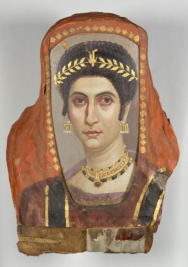 Attributed to the Isidora Master (Romano-Egyptian, active 100-125), Mummy Portrait of a Woman, A.D. 100. Encaustic on linden wood; gilt; linen. 48 x 36 x 12.8 cm. 81.AP.42. The J. Paul Getty Museum, Villa Collection, Malibu, California. Digital image courtesy of the Getty’s Open Content Program