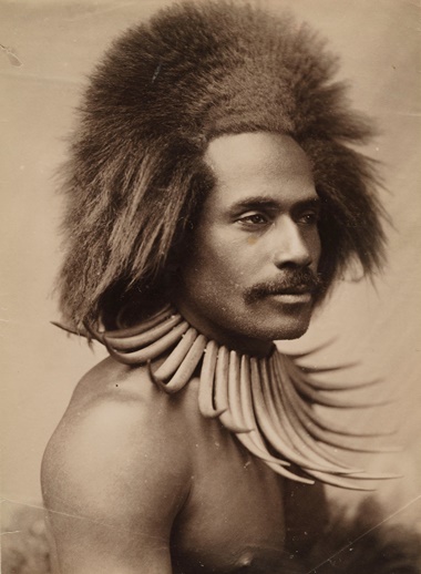 Probably John William (J. W.) Waters, Fijian Warrior (with Whale Tooth Necklace), 1880s. Albumen print.Los Angeles County Museum of Art, partial gift of Mark and Carolyn Blackburn and purchased with funds from LACMAs 50th Anniversary Gala and Fiji Water. Photo © Museum AssociatesLACMA