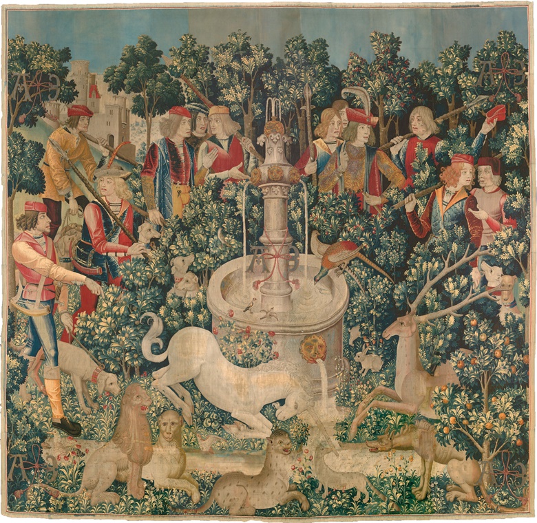 The Unicorn Purifies the Water (from the Unicorn Tapestries), 1495-1505. French (cartoon)South Netherlandish (woven). Wool warp with wool, silk, silver and gilt wefts. Overall 368.3 x 378.5 cm. Gift of John D. Rockefeller Jr., 1937. 37.80.2. Courtesy The Metropolitan Museum of Art