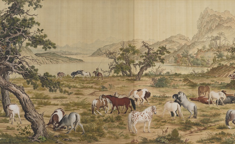 郎世宁（1688-1766），《百骏图》（局部）。卷 绢本 设色画。94.5 x 776公分。台北国立故宫博物院。相片：? National Palace Museum. All Rights Reserved
