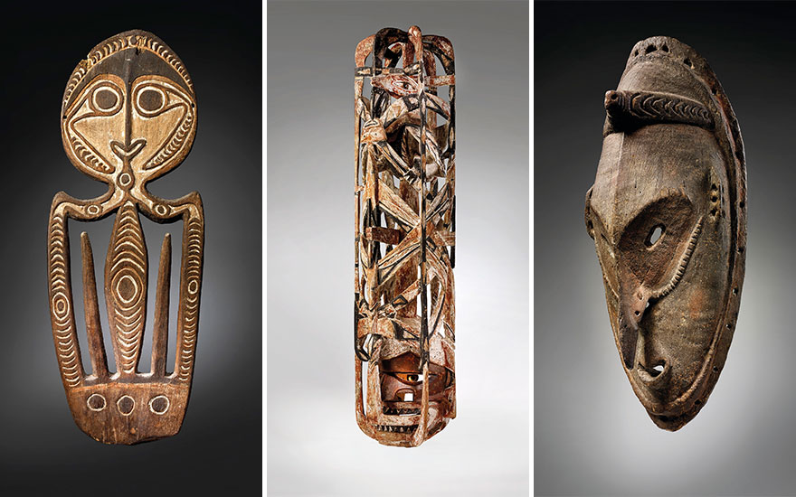 From left Kerewa skull hook, Agiba, Kikori Delta, Goaribari Island, Gulf of Papua New Guinea. Height 36¼ in (92 cm). Estimate €120,000-180,000. Malangan mask, New Ireland, Papua New