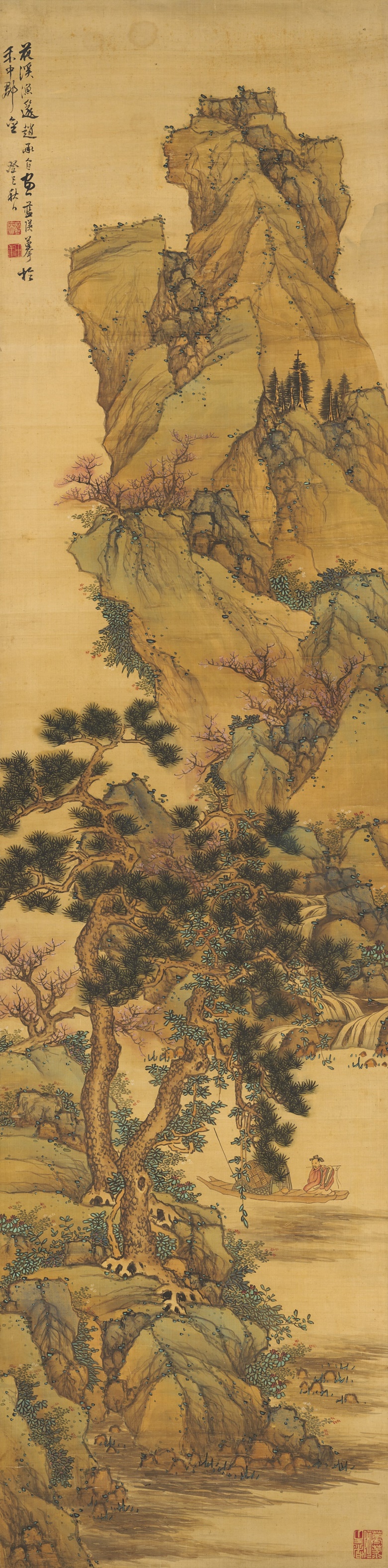 清 蓝瑛 《花溪渔篴》，设色绢本 立轴，198 x 49公分（78 x 19 ¼寸），1653年作。估价：1,000,000-2,000,000港元。此拍品将于2020年7月8日佳士得香港中国古代书画呈献