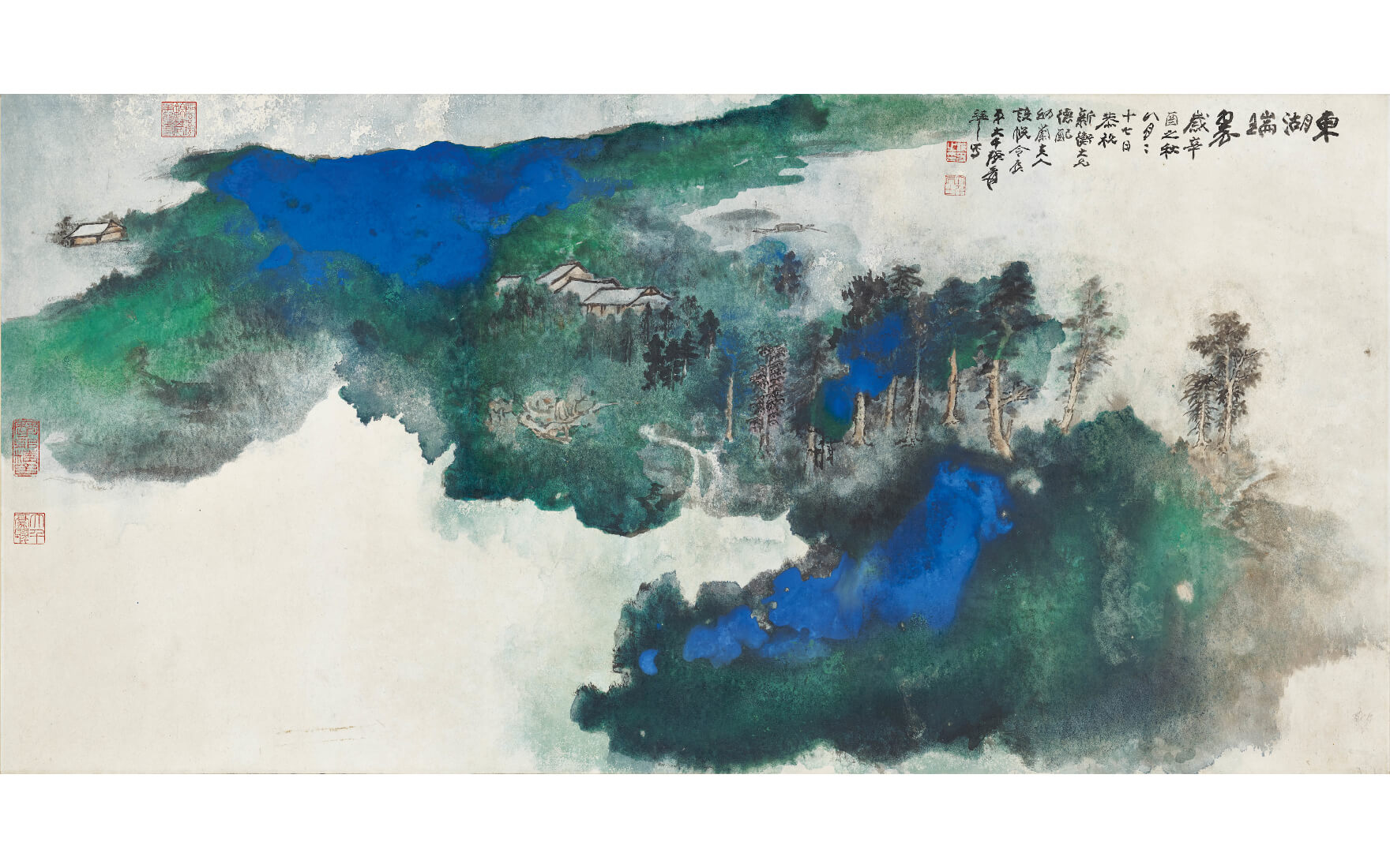张大千 《东湖瑞翠》，设色纸本 镜框，66.5 x 136公分（26 ⅛ x 53 ½寸），1981年作。估价：40,000,000-60,000,000港元。此拍品将于2020年7月8日佳士得香港中国近现代及当代书画呈献