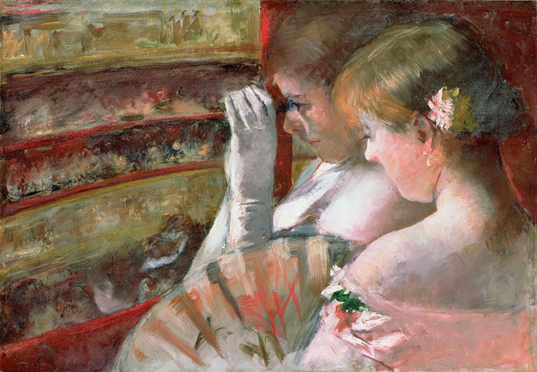 玛丽·卡萨特，《包厢里》，约1879年作。油彩 画布。43.7 x 62.2公分。私人珍藏