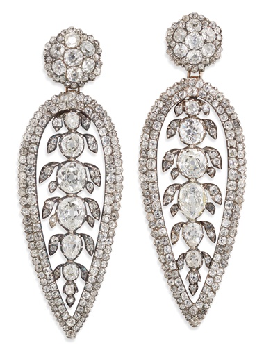 George III diamond earrings. Old-cut diamonds, silver and gold, partially closed-set, adapted, circa 1800, 6.2 cm. Sold for £75,000 on 12 June 2019 at Christie’s in London