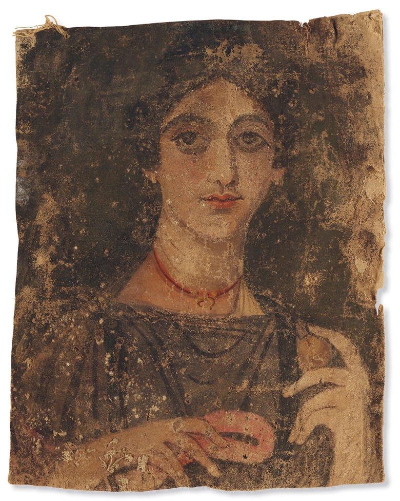 An Egyptian painted linen mummy shroud with a portrait of a woman, Roman period, circa 1st-2nd century AD. 17⅛ in (43.4 cm) high. Estimate $200,000-300,000. Offered in Ancient Art from the James and Marilyn Alsdorf Collection, 2-16 June 2020, Online