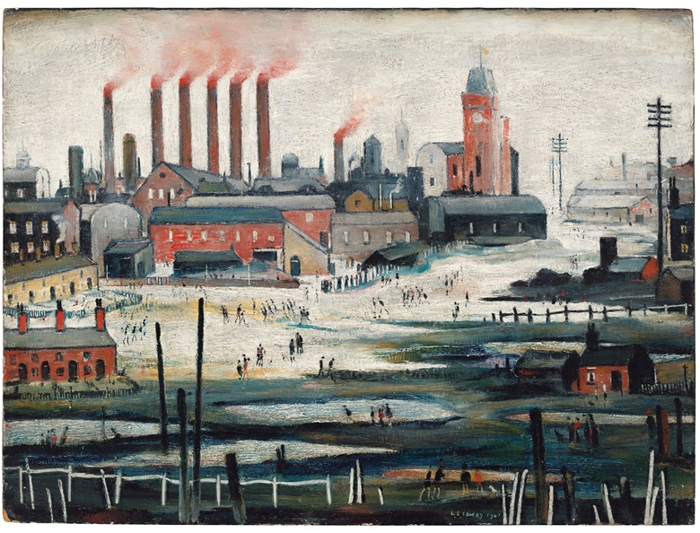 Laurence Stephen Lowry, R.A. (1887-1976), Iron Works, 1941. Oil on board. 17¾ x 24 in (45.1 x 61 cm). Estimate £500,000-800,000. Offered in People Watching The Art of L.S. Lowry, 15 June-2 July, Online