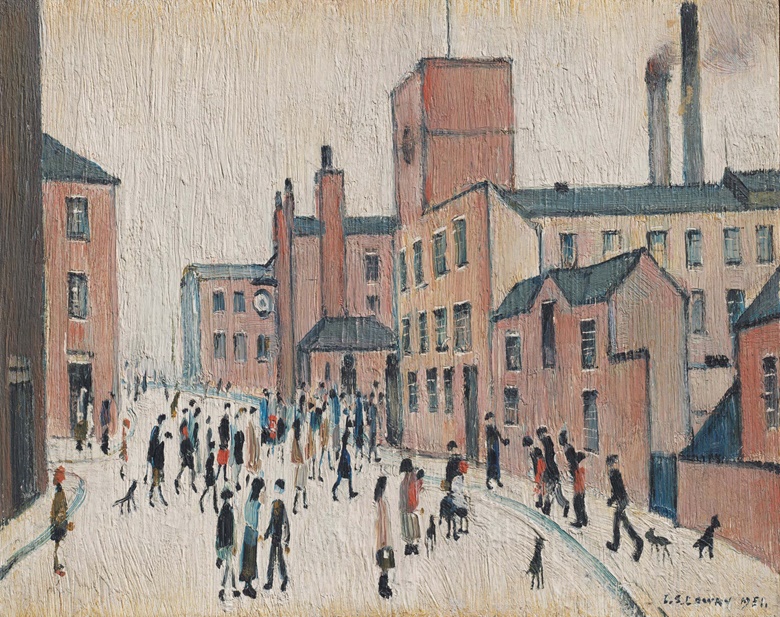 Laurence Stephen Lowry, R.A. (1887-1976),  Lancashire Street, 1951. Oil on panel. 9 x 11 in (22.8 x 27.9 cm). Estimate £150,000-250,000. Offered in People Watching The Art of L.S. Lowry, 15 June-2 July, Online