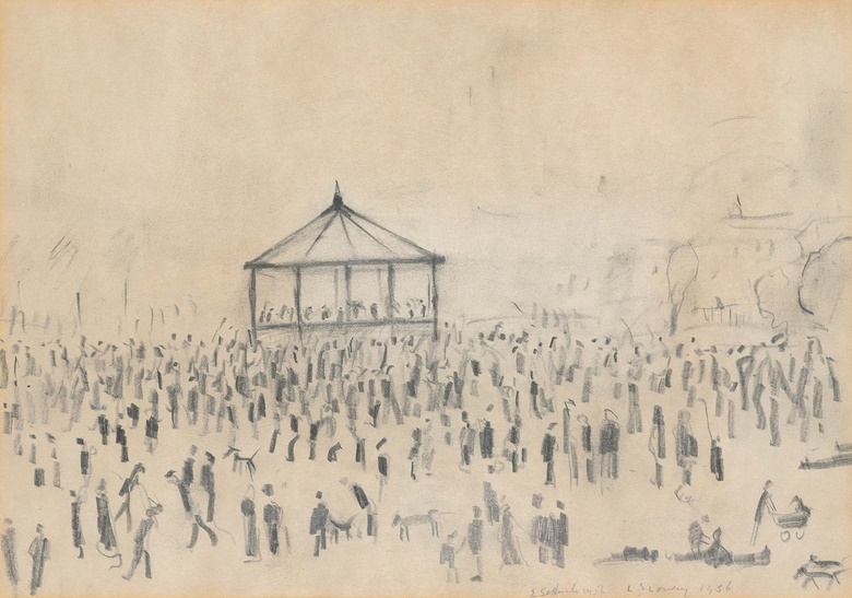 Laurence Stephen Lowry, R.A. (1887-1976),  Bandstand, Peel Park, 1956. Pencil on paper. 10 x 14 in (25.4 x 35.6 cm. Estimate £20,000-30,000. Offered in People Watching The Art of L.S. Lowry, 15 June-2 July, Online