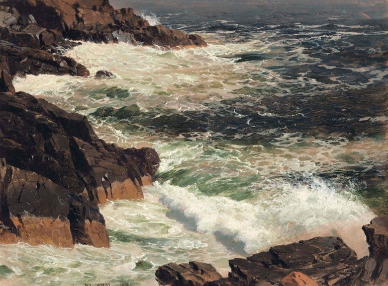 弗雷德里克‧丘奇(1826-1900)，《缅因州山沙岛的汹涌海浪》，1850作。此作于2016年11月22日在佳士得纽约售出，成交价1,267,500美元